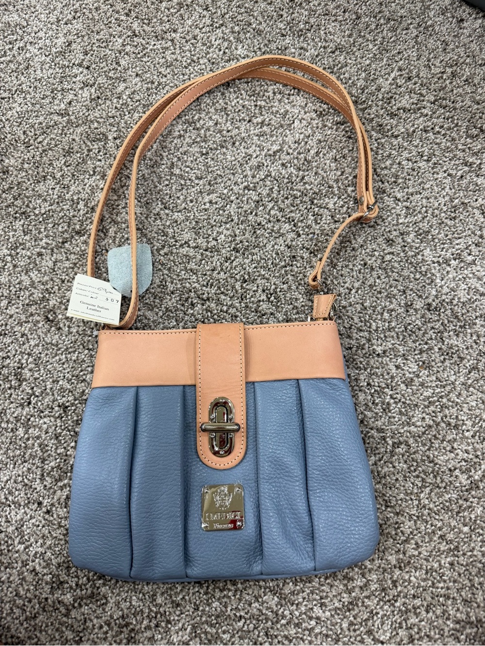 Two-Tone Blue and Tan Leather Satchel with Turn-Lock Detail